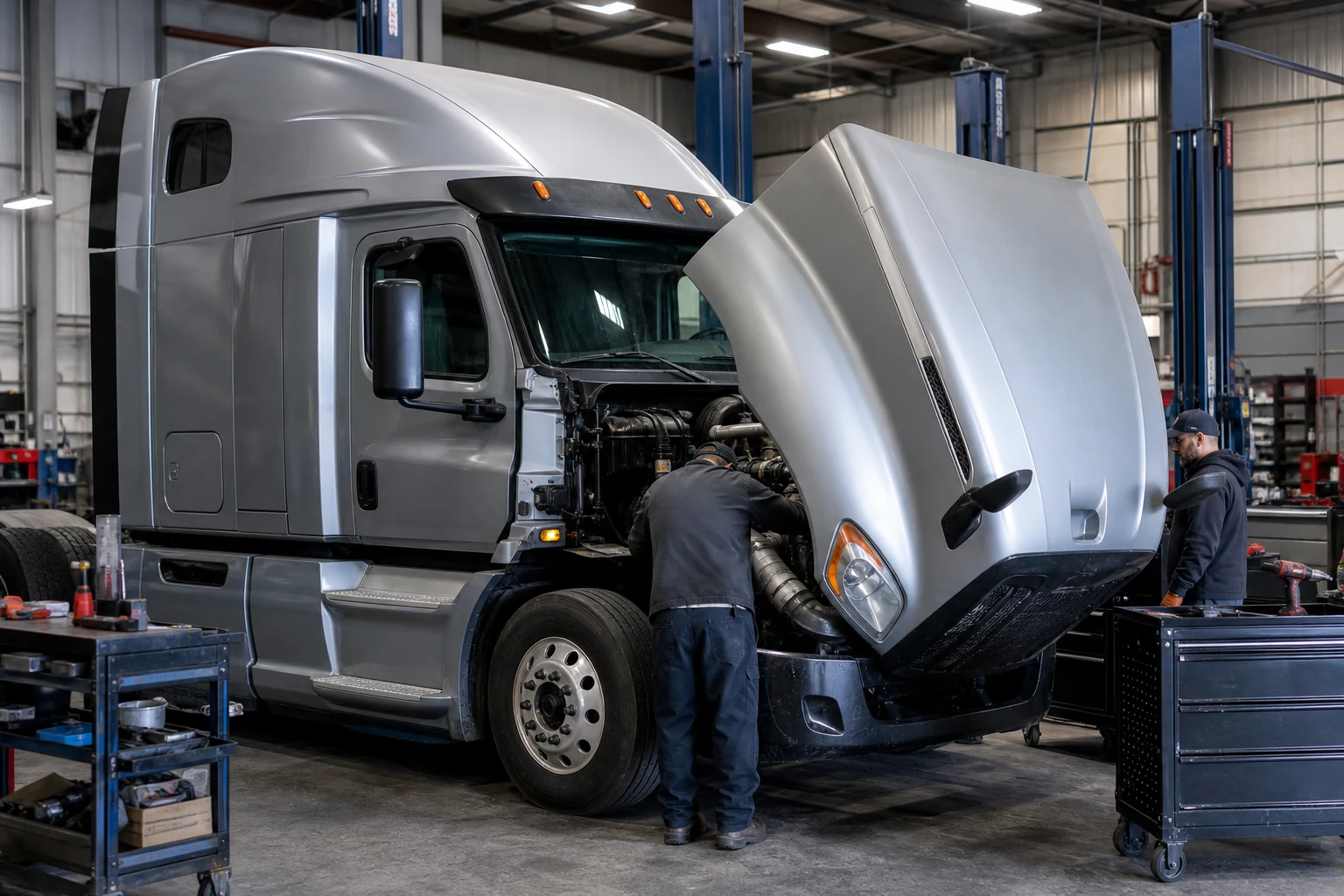 Semi-truck undergoing an expensive diesel engine repair in a commercial truck shop.