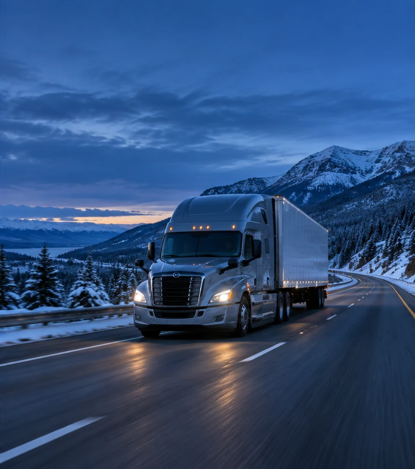 Semi-truck travelling on a clear winter highway at blue hour.