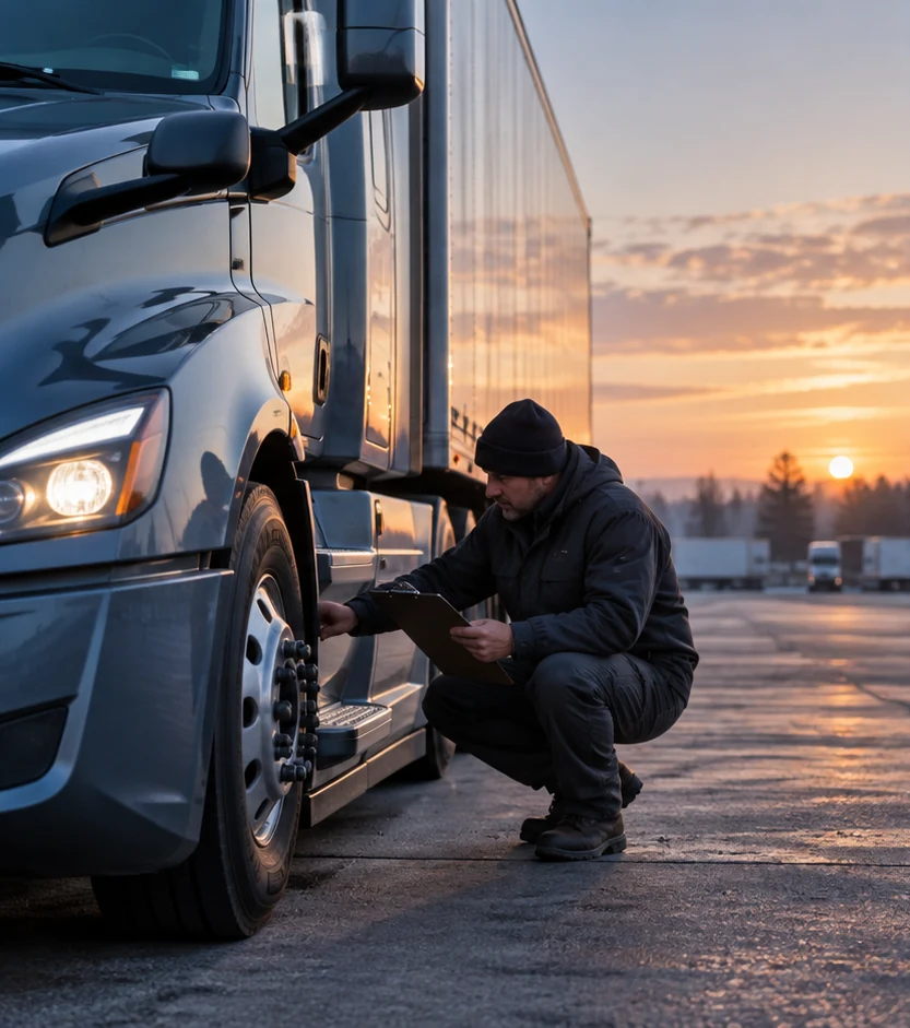 Truck driver checking a semi-truck tire and lights before a trip at sunrise.